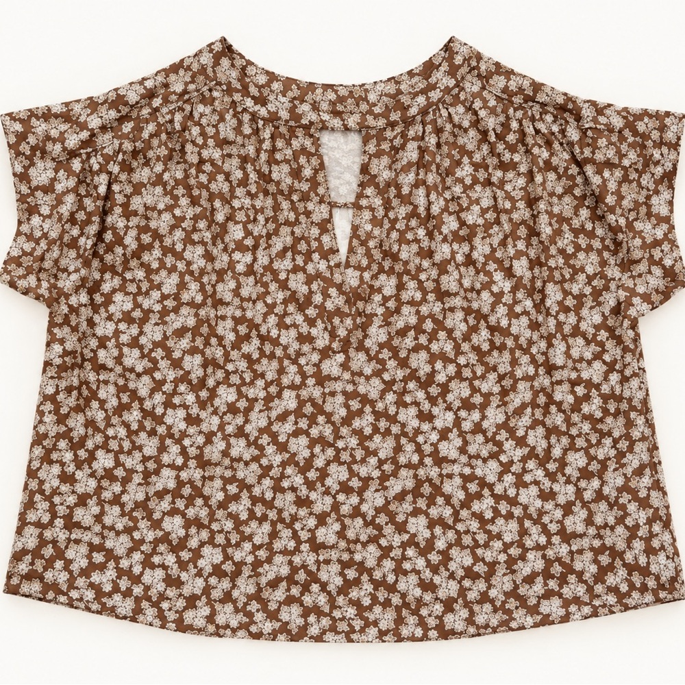 LOFT Brown Floral Blouse Short Sleeve Keyhole Neck Ditsy Flower Top